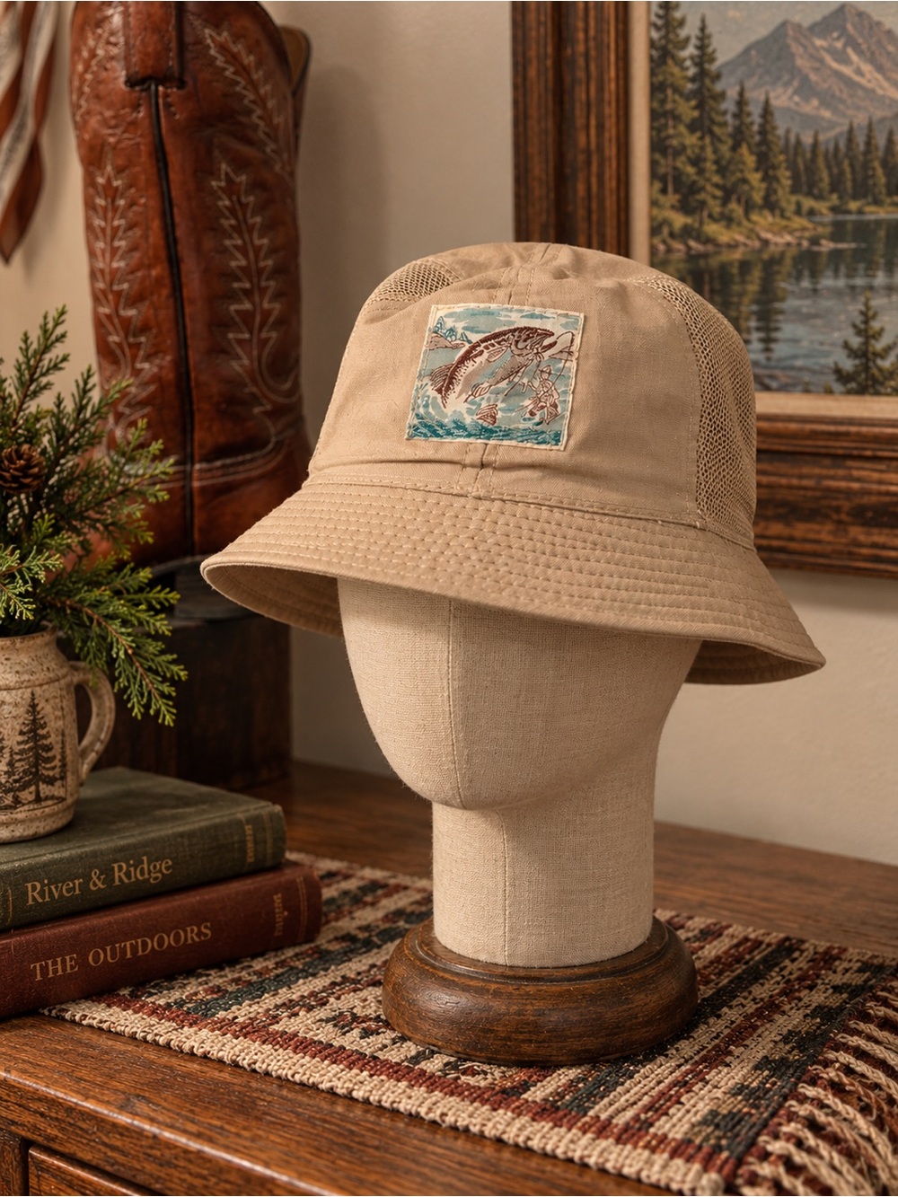 Vintage Khaki Bucket Hat with Fishing Patch